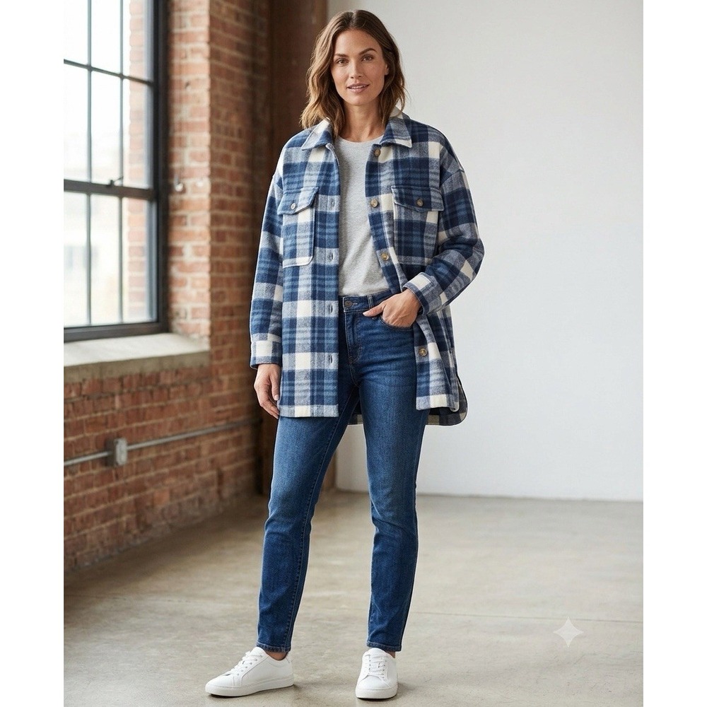 Banana Republic Plaid Wool Blend Flannel Shacket Oversized Jacket Blue Sz L